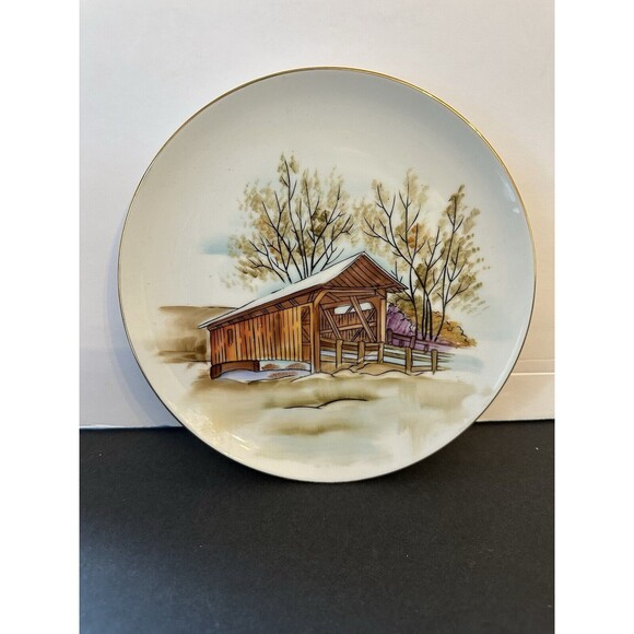 Norcrest Plate VNTG Hand Painted Plate Covered Bridge Winter Scene 8.25"/ P-737 - Picture 2 of 9
